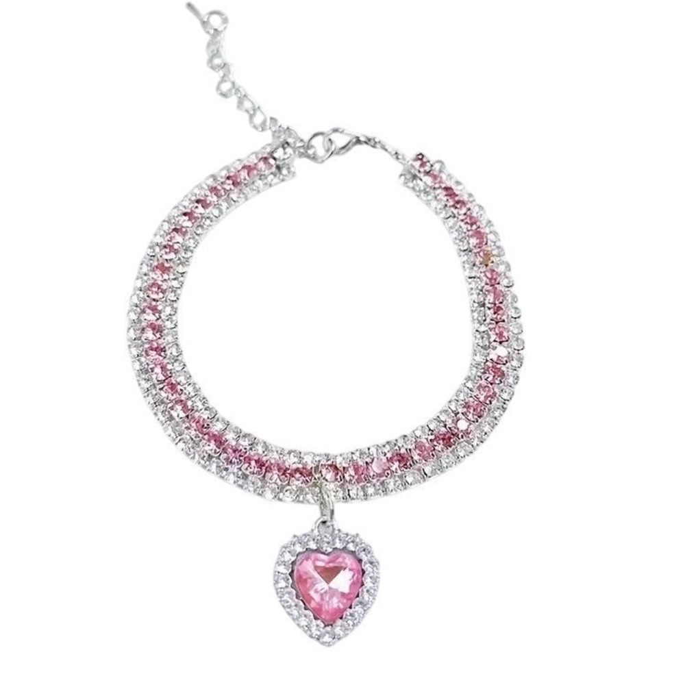 New Quirky Lizard Rhinestone Heart Collar Necklace Dog Cat XL Pink Silver Choker